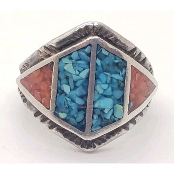 Vintage Native American Navajo Turquoise Coral Inlay Sterling Silver Ring 5.75 - Picture 1 of 7